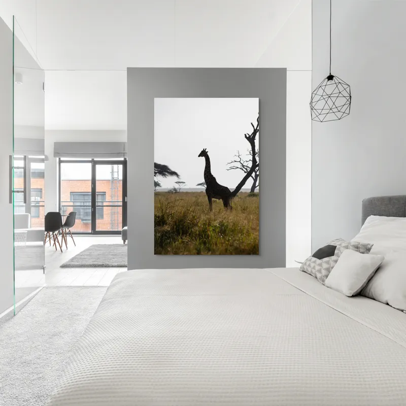 Tablou Canvas, "Girafă în lumină de amurg africană", Giraffă, Siluetă, Savannah, Apus, Copaci, Sălbăticie, Natură, Serengeti, Peisaj, Tranquilitate, 100 x 150 cm – poza 5