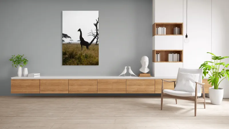 Tablou Canvas, "Girafă în lumină de amurg africană", Giraffă, Siluetă, Savannah, Apus, Copaci, Sălbăticie, Natură, Serengeti, Peisaj, Tranquilitate, 100 x 150 cm – poza 8