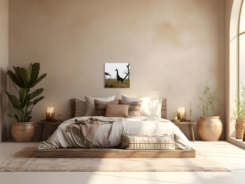 Tablou Canvas, "Girafă în lumină de amurg africană", Giraffă, Siluetă, Savannah, Apus, Copaci, Sălbăticie, Natură, Serengeti, Peisaj, Tranquilitate, 50 x 50 cm – poza 5