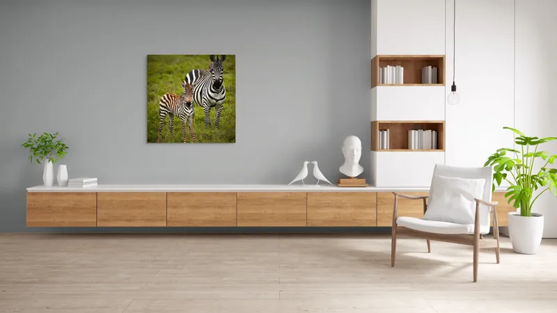 Tablou Canvas, "Zebre în savana verde africană", Zebră, Pui, Iarbă, Dungă, Natură, Mamifer, Safari, Libertate, Prerie, Faună, 100 x 100 cm – poza 8