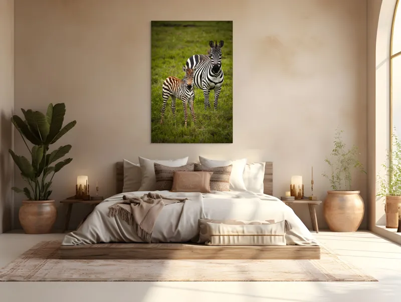 Tablou Canvas, "Zebre în savana verde africană", Zebră, Pui, Iarbă, Dungă, Natură, Mamifer, Safari, Libertate, Prerie, Faună, 100 x 150 cm – poza 3