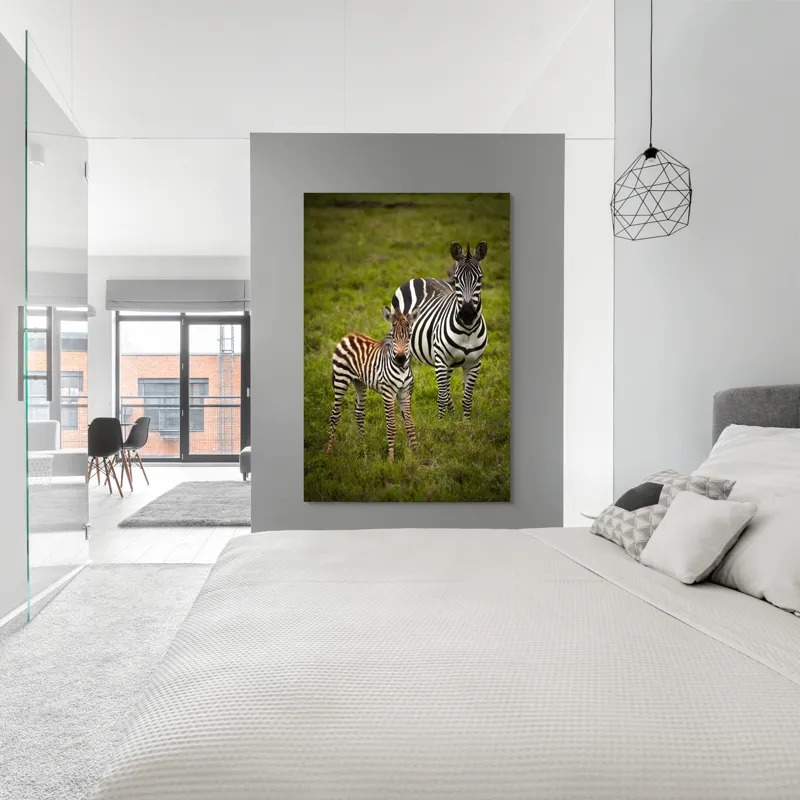 Tablou Canvas, "Zebre în savana verde africană", Zebră, Pui, Iarbă, Dungă, Natură, Mamifer, Safari, Libertate, Prerie, Faună, 100 x 150 cm – poza 5