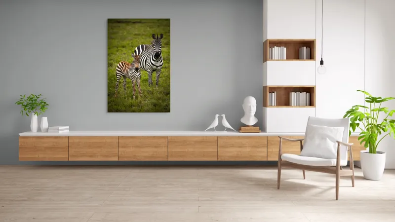 Tablou Canvas, "Zebre în savana verde africană", Zebră, Pui, Iarbă, Dungă, Natură, Mamifer, Safari, Libertate, Prerie, Faună, 100 x 150 cm – poza 8