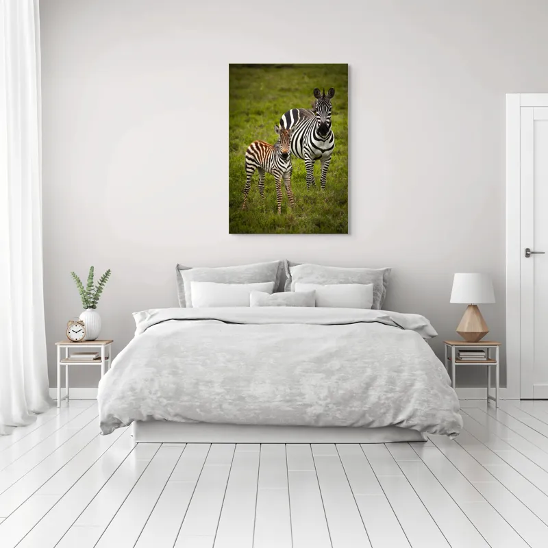 Tablou Canvas, "Zebre în savana verde africană", Zebră, Pui, Iarbă, Dungă, Natură, Mamifer, Safari, Libertate, Prerie, Faună, 70 x 100 cm – poza 3