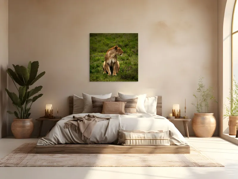 Tablou Canvas, "Leoaica în câmpie verde luxuriantă", Leoaică, Prerie, Verdeață, Observare, Natură, Sălbăticie, Relaxare, Concentrare., 100 x 100 cm – poza 4