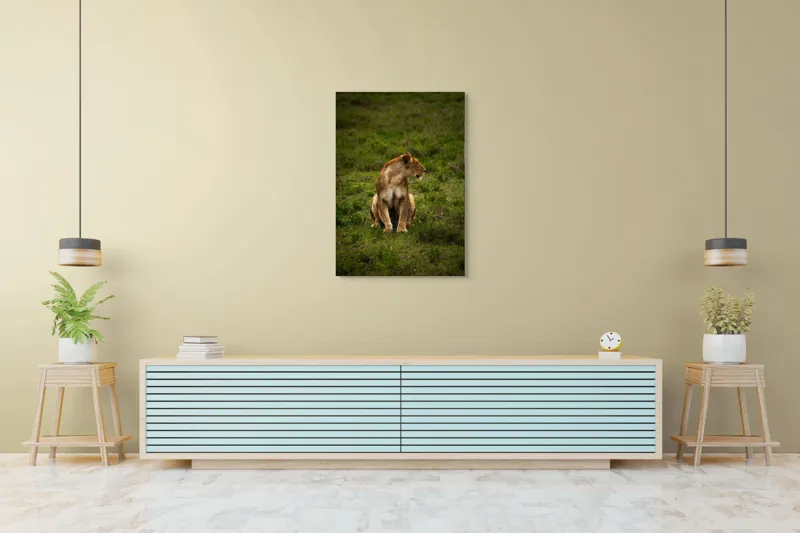 Tablou Canvas, "Leoaica în câmpie verde luxuriantă", Leoaică, Prerie, Verdeață, Observare, Natură, Sălbăticie, Relaxare, Concentrare., 70 x 100 cm – poza 5