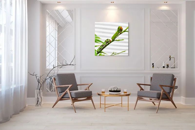 Tablou Canvas, "Omizi verzi pe ramură tânără", Omizi, Verde, Frunză, Ramură, Natură, Detalii, Textură, Gânganie, Antene, Curiozitate, 100 x 100 cm – poza 7