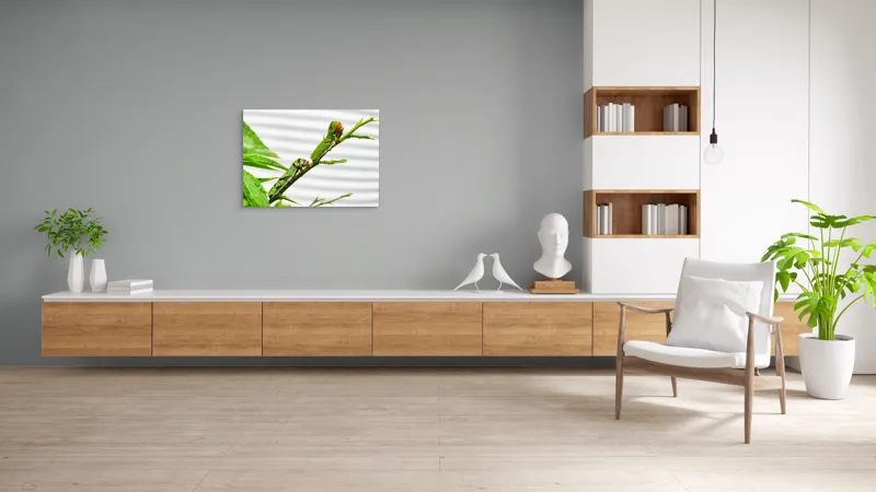 Tablou Canvas, "Omizi verzi pe ramură tânără", Omizi, Verde, Frunză, Ramură, Natură, Detalii, Textură, Gânganie, Antene, Curiozitate, 100 x 70 cm – poza 6