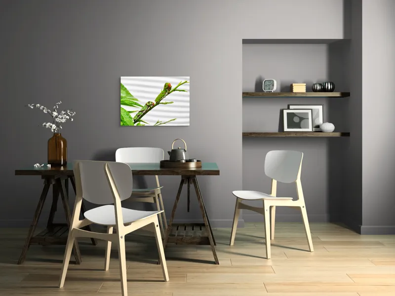 Tablou Canvas, "Omizi verzi pe ramură tânără", Omizi, Verde, Frunză, Ramură, Natură, Detalii, Textură, Gânganie, Antene, Curiozitate, 70 x 50 cm – poza 5