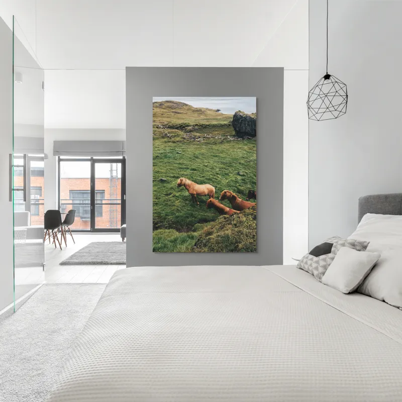 Tablou Canvas, "Cai liberi pe câmp verde", Cai, Peisaj, Verde, Rocă, Călătorie, 100 x 150 cm – poza 5