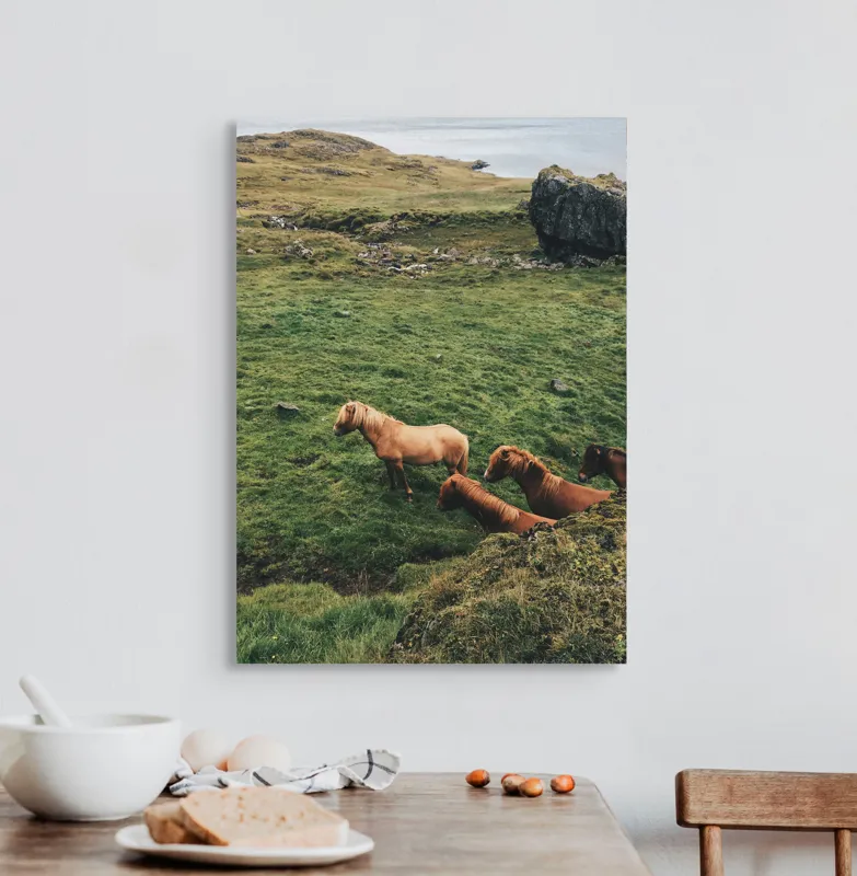Tablou Canvas, "Cai liberi pe câmp verde", Cai, Peisaj, Verde, Rocă, Călătorie, 50 x 70 cm – poza 3