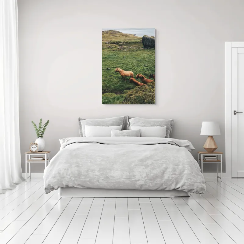 Tablou Canvas, "Cai liberi pe câmp verde", Cai, Peisaj, Verde, Rocă, Călătorie, 70 x 100 cm – poza 3