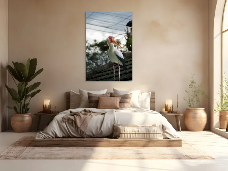 Tablou Canvas, "Surprinderea unui stork sub cer înnorat", Păsăre, Penaj, Culori, Cer, Natură, Acoperiș, Plante, Storc, Peisaj, 100 x 150 cm – poza 3