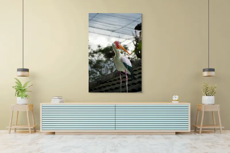 Tablou Canvas, "Surprinderea unui stork sub cer înnorat", Păsăre, Penaj, Culori, Cer, Natură, Acoperiș, Plante, Storc, Peisaj, 100 x 150 cm – poza 4