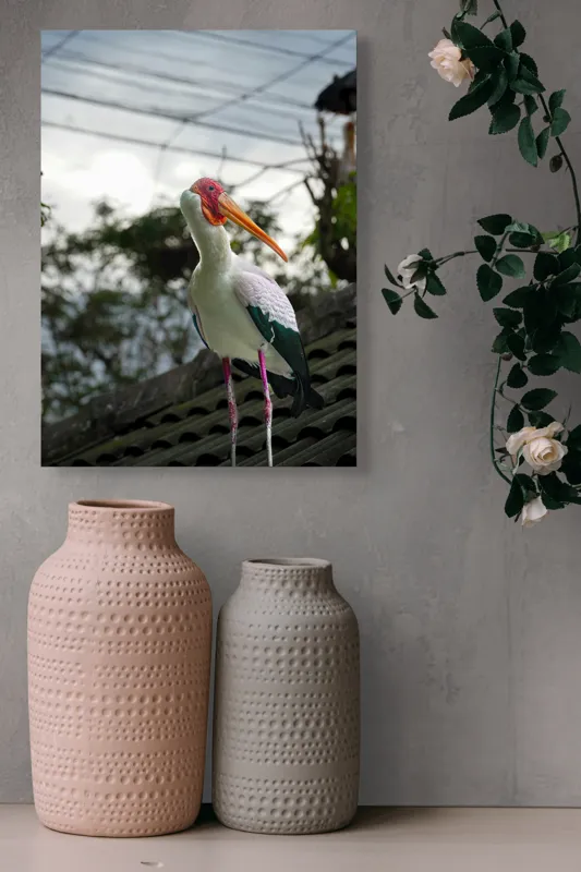 Tablou Canvas, "Surprinderea unui stork sub cer înnorat", Păsăre, Penaj, Culori, Cer, Natură, Acoperiș, Plante, Storc, Peisaj, 39 x 54 cm – poza 6