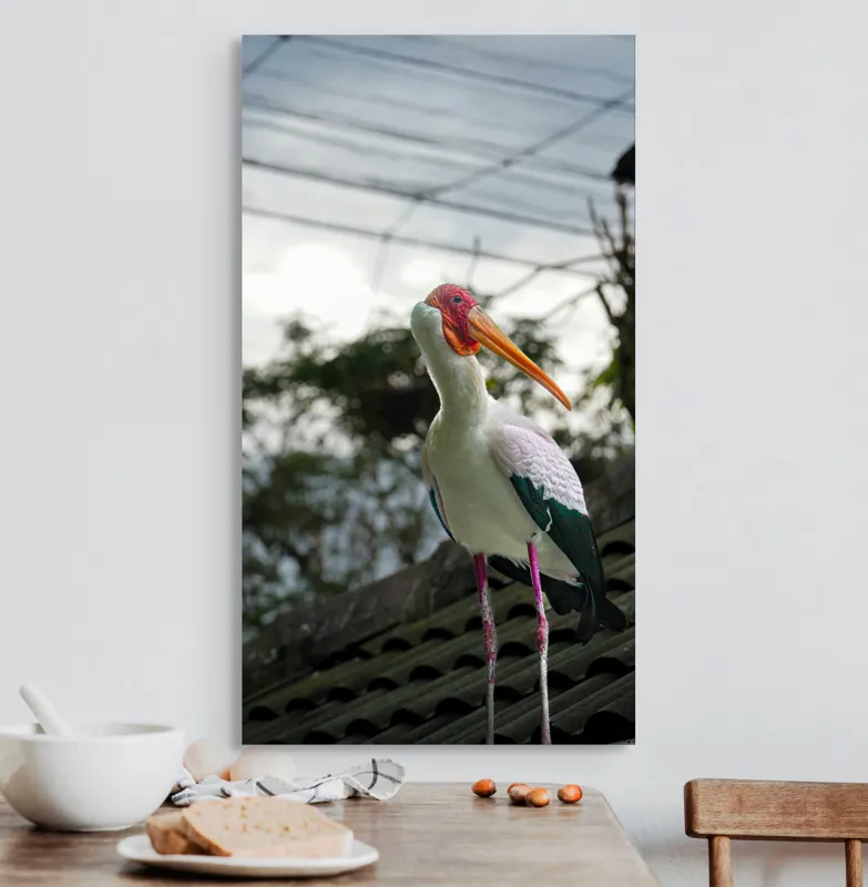 Tablou Canvas, "Surprinderea unui stork sub cer înnorat", Păsăre, Penaj, Culori, Cer, Natură, Acoperiș, Plante, Storc, Peisaj, 50 x 90 cm – poza 3