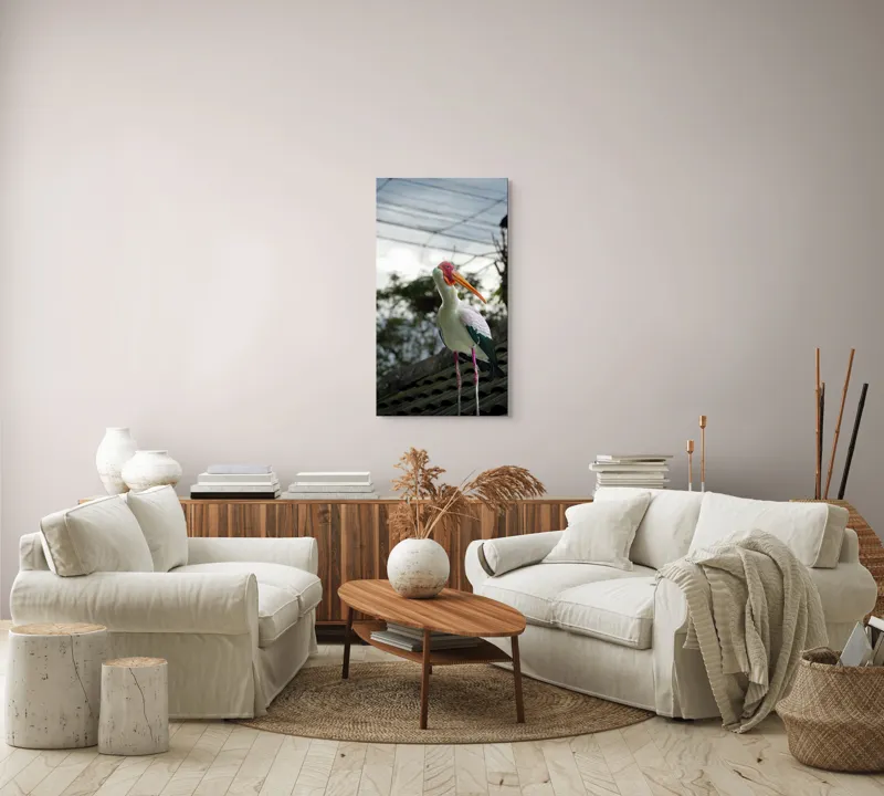 Tablou Canvas, "Surprinderea unui stork sub cer înnorat", Păsăre, Penaj, Culori, Cer, Natură, Acoperiș, Plante, Storc, Peisaj, 50 x 90 cm – poza 7