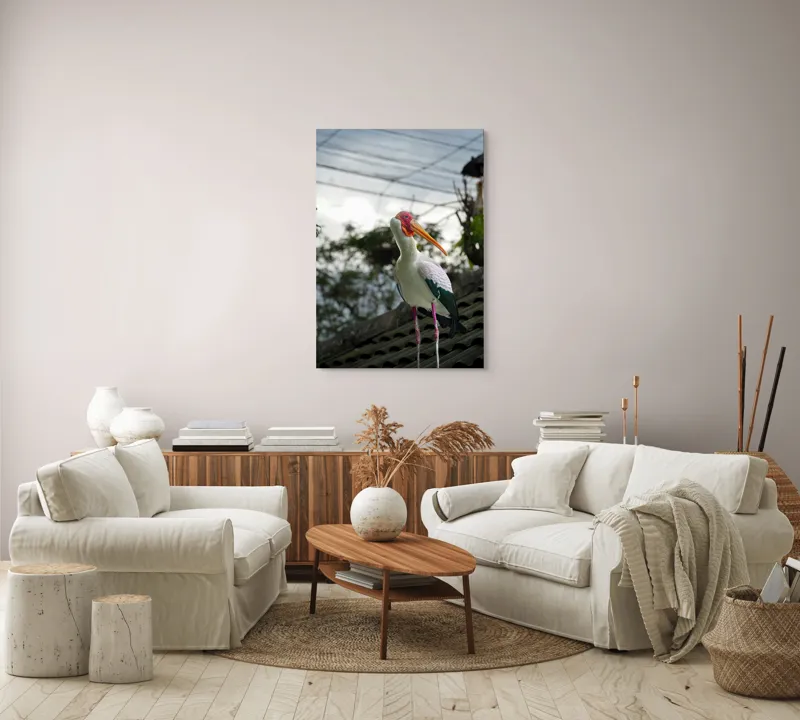 Tablou Canvas, "Surprinderea unui stork sub cer înnorat", Păsăre, Penaj, Culori, Cer, Natură, Acoperiș, Plante, Storc, Peisaj, 70 x 100 cm – poza 4