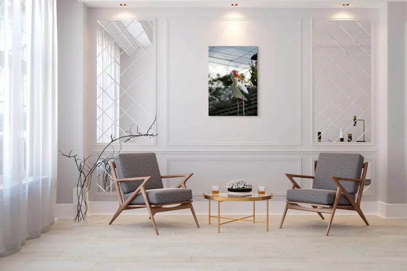 Tablou Canvas, "Surprinderea unui stork sub cer înnorat", Păsăre, Penaj, Culori, Cer, Natură, Acoperiș, Plante, Storc, Peisaj, 70 x 100 cm – poza 8