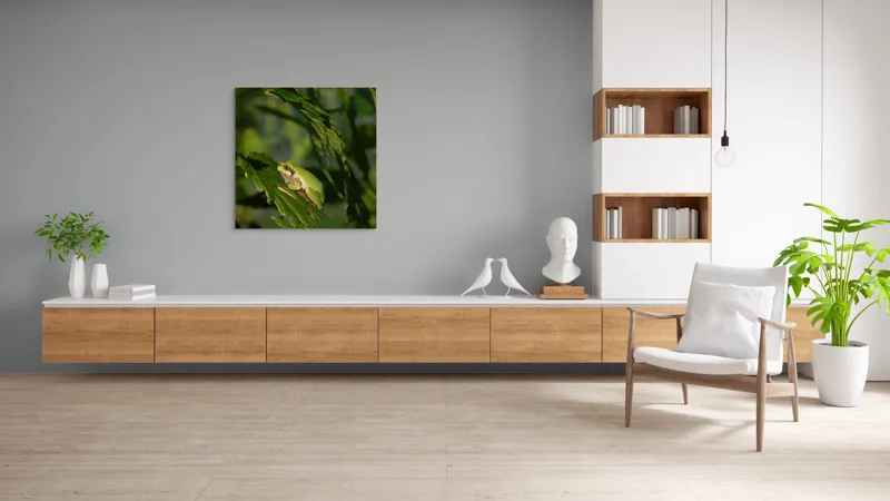Tablou Canvas, "Brotăcel pe frunză la soare", Verde, Broască, Frunze, Natură, Umbre, Mică, Relaxează, Plante, Organic, Furtivo., 100 x 100 cm – poza 8