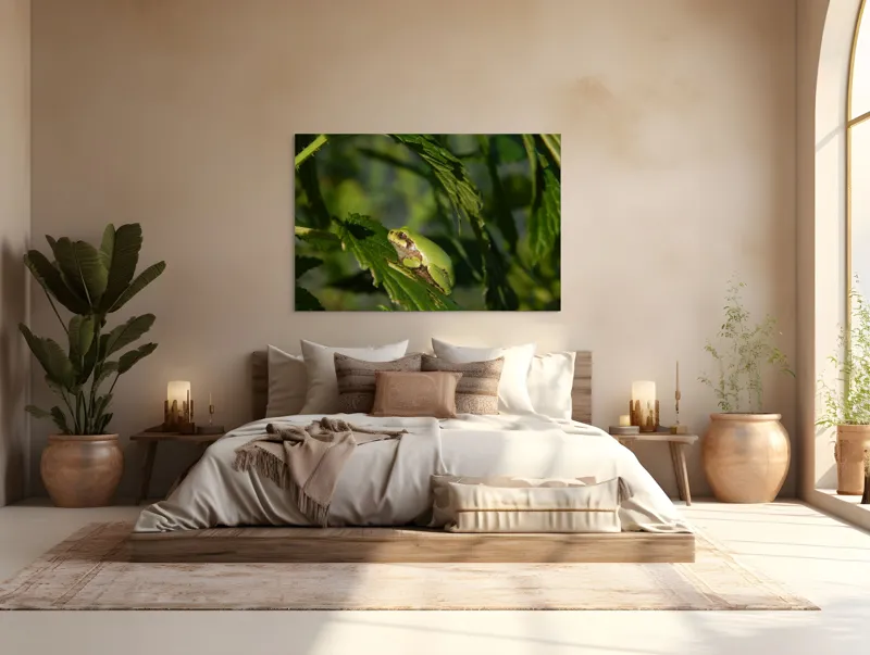 Tablou Canvas, "Brotăcel pe frunză la soare", Verde, Broască, Frunze, Natură, Umbre, Mică, Relaxează, Plante, Organic, Furtivo., 150 x 100 cm – poza 4