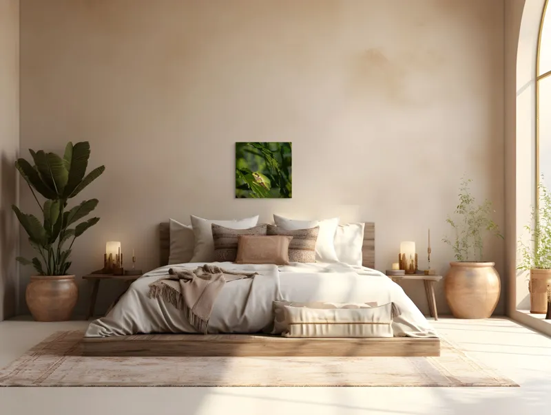Tablou Canvas, "Brotăcel pe frunză la soare", Verde, Broască, Frunze, Natură, Umbre, Mică, Relaxează, Plante, Organic, Furtivo., 50 x 50 cm – poza 5
