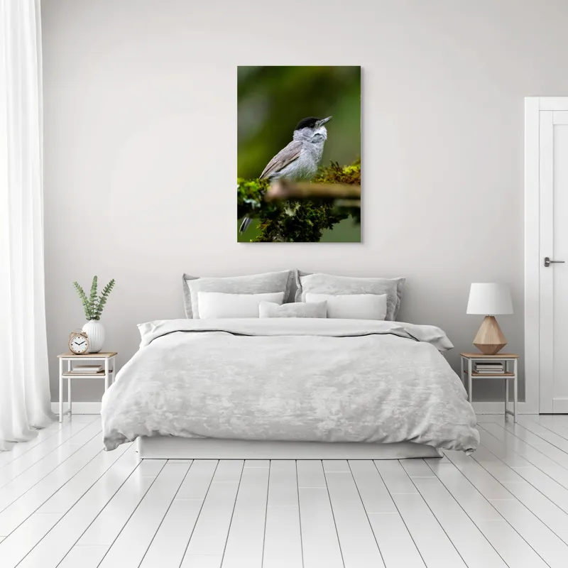 Tablou Canvas, "Pasărea cântătoare pe ramura de mușchi.", Pasăre, Creangă, Verdeață, Pană, Natură, 70 x 100 cm – poza 3