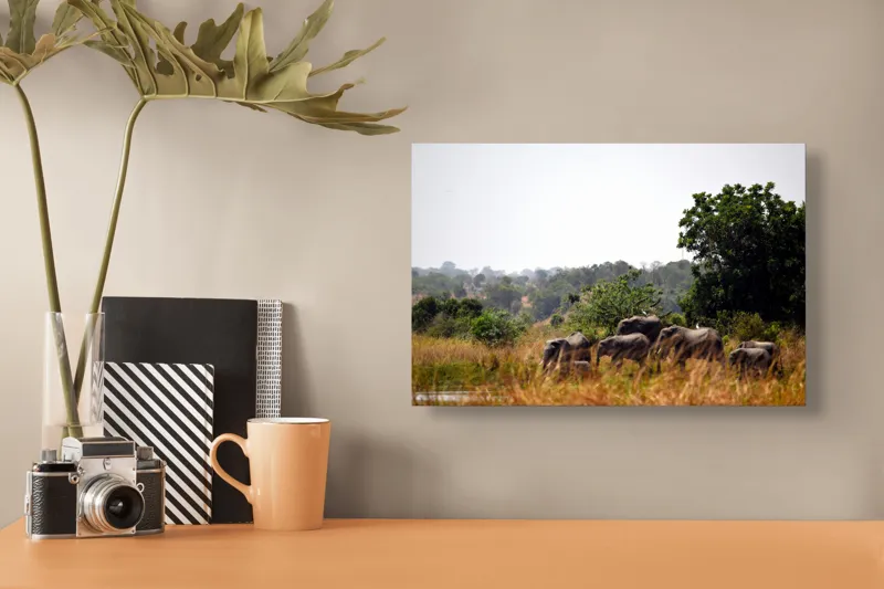 Tablou Canvas, "Elefanții traversând savana africană.", Elefanți, Savana, Vegetație, Tufișuri, Cer, Copaci, Aventură, Natură, 39 x 26 cm – poza 3
