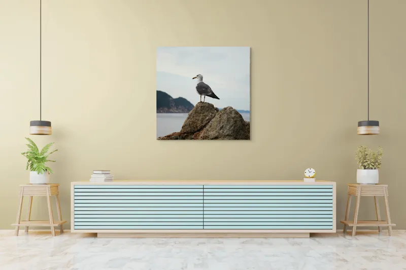 Tablou Canvas, "Pescăruș pe stâncă la malul mării", Pescăruș, Stâncă, Cer, Mare, Nor, Liniște, Natură, 100 x 100 cm – poza 5