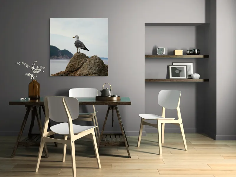 Tablou Canvas, "Pescăruș pe stâncă la malul mării", Pescăruș, Stâncă, Cer, Mare, Nor, Liniște, Natură, 100 x 100 cm – poza 6
