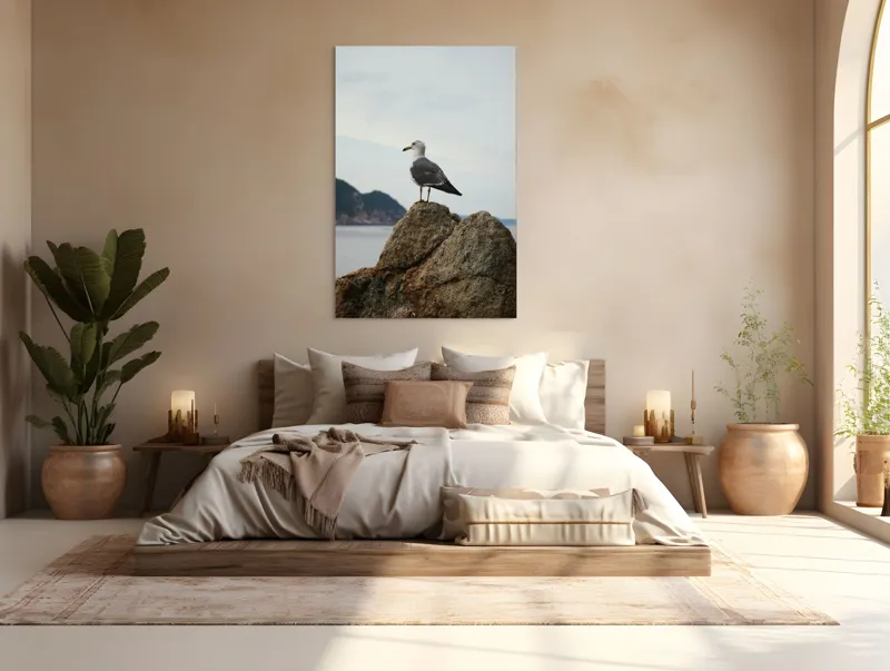Tablou Canvas, "Pescăruș pe stâncă la malul mării", Pescăruș, Stâncă, Cer, Mare, Nor, Liniște, Natură, 100 x 150 cm – poza 3