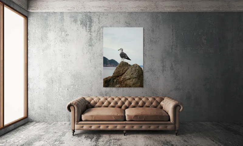 Tablou Canvas, "Pescăruș pe stâncă la malul mării", Pescăruș, Stâncă, Cer, Mare, Nor, Liniște, Natură, 100 x 150 cm – poza 6