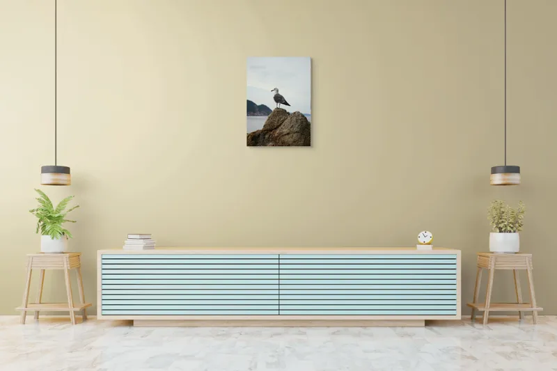 Tablou Canvas, "Pescăruș pe stâncă la malul mării", Pescăruș, Stâncă, Cer, Mare, Nor, Liniște, Natură, 50 x 70 cm – poza 6