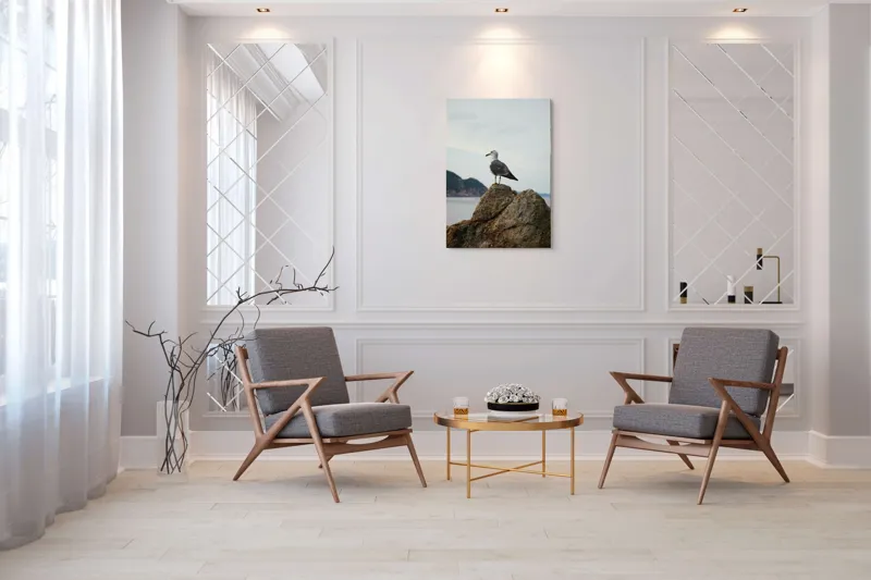 Tablou Canvas, "Pescăruș pe stâncă la malul mării", Pescăruș, Stâncă, Cer, Mare, Nor, Liniște, Natură, 70 x 100 cm – poza 8