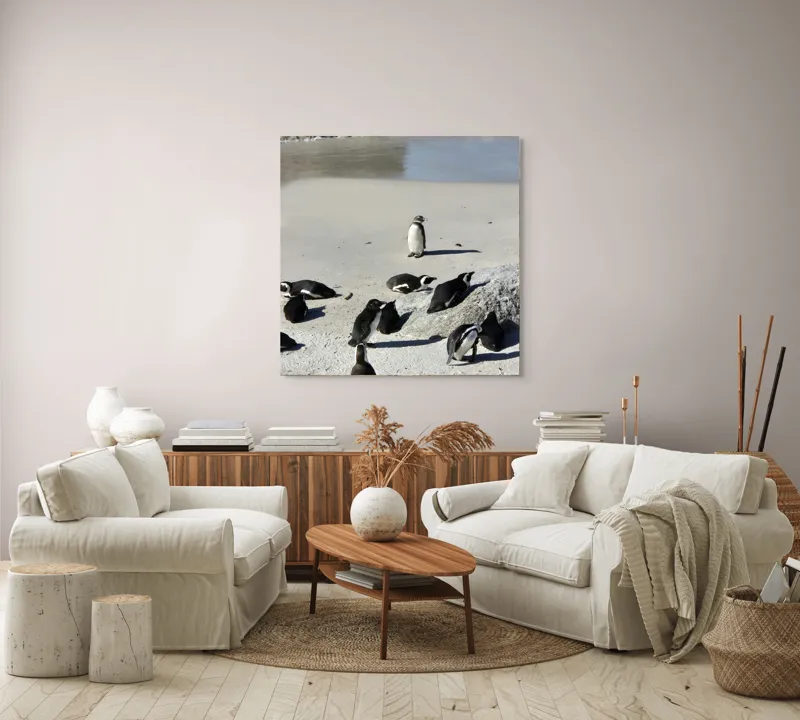 Tablou Canvas, "Pinguini la plajă sub soare", Pinguini, Plajă, Nisip, Rocă, Ocean, Valuri, Uşor, Soare, Umbre, Grijuliu, 100 x 100 cm – poza 3