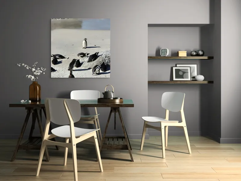 Tablou Canvas, "Pinguini la plajă sub soare", Pinguini, Plajă, Nisip, Rocă, Ocean, Valuri, Uşor, Soare, Umbre, Grijuliu, 100 x 100 cm – poza 6