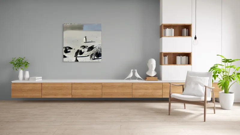 Tablou Canvas, "Pinguini la plajă sub soare", Pinguini, Plajă, Nisip, Rocă, Ocean, Valuri, Uşor, Soare, Umbre, Grijuliu, 100 x 100 cm – poza 8