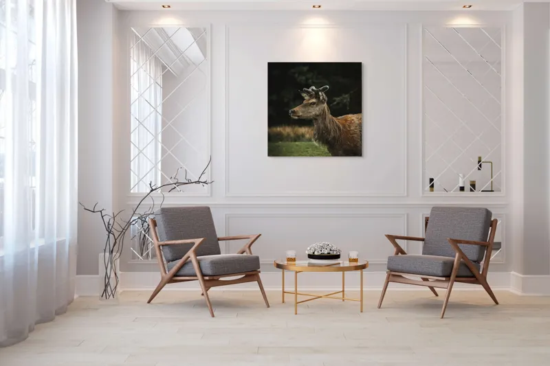 Tablou Canvas, "Cerbul în lumina pădurii misterioase", Nu știu cine este în imagine, dar pot să descriu imaginea: Cerb, Natură, Blană, Animale, Pădure, Verde, Corn, Grație, Vegetație., 100 x 100 cm – poza 7