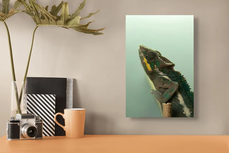 Tablou Canvas, "Cameleonul în așteptarea schimbării culorii", Cameleon, Verde, Colorat, Texturi, Solzi, Calm, Observator, Linie, 26 x 39 cm – poza 3