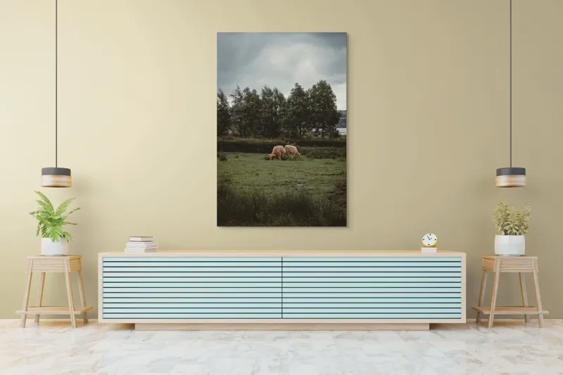 Tablou Canvas, "Natura liniștită și vaci păscând", Iarbă, Vacă, Cer, Nori, Copaci, Natură, Peisaj, 100 x 150 cm – poza 4
