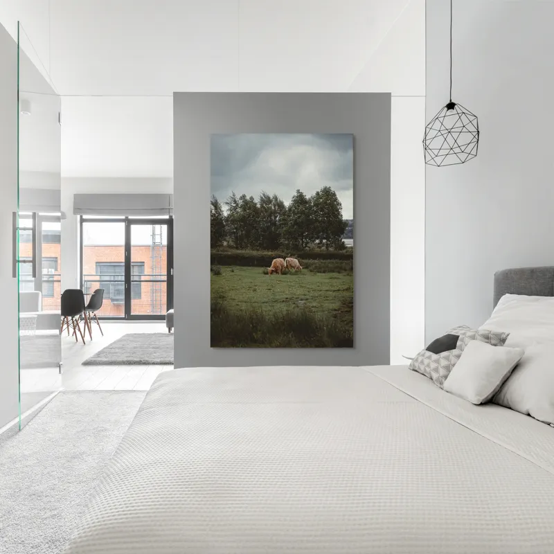 Tablou Canvas, "Natura liniștită și vaci păscând", Iarbă, Vacă, Cer, Nori, Copaci, Natură, Peisaj, 100 x 150 cm – poza 5