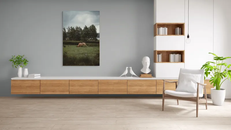 Tablou Canvas, "Natura liniștită și vaci păscând", Iarbă, Vacă, Cer, Nori, Copaci, Natură, Peisaj, 100 x 150 cm – poza 8