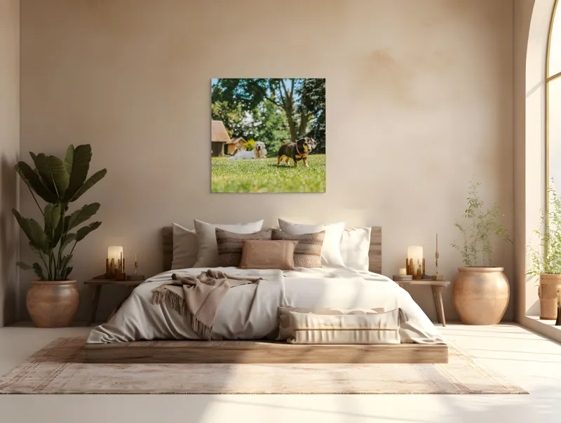 Tablou Canvas, "Câini jucându-se în grădina soarelui", 100 x 100 cm – poza 4