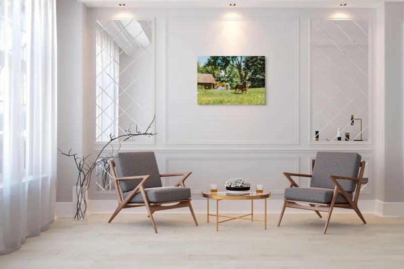 Tablou Canvas, "Câini jucându-se în grădina soarelui", 100 x 70 cm – poza 5