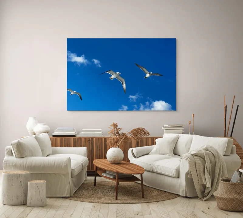 Tablou Canvas, "Zborul pescărușilor sub cerul albastru", Cer, Păsări, Zbor, Nori, Albastru, 150 x 100 cm – poza 3