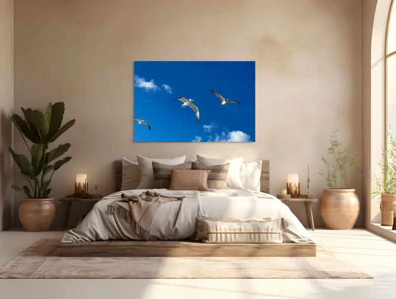 Tablou Canvas, "Zborul pescărușilor sub cerul albastru", Cer, Păsări, Zbor, Nori, Albastru, 150 x 100 cm – poza 4
