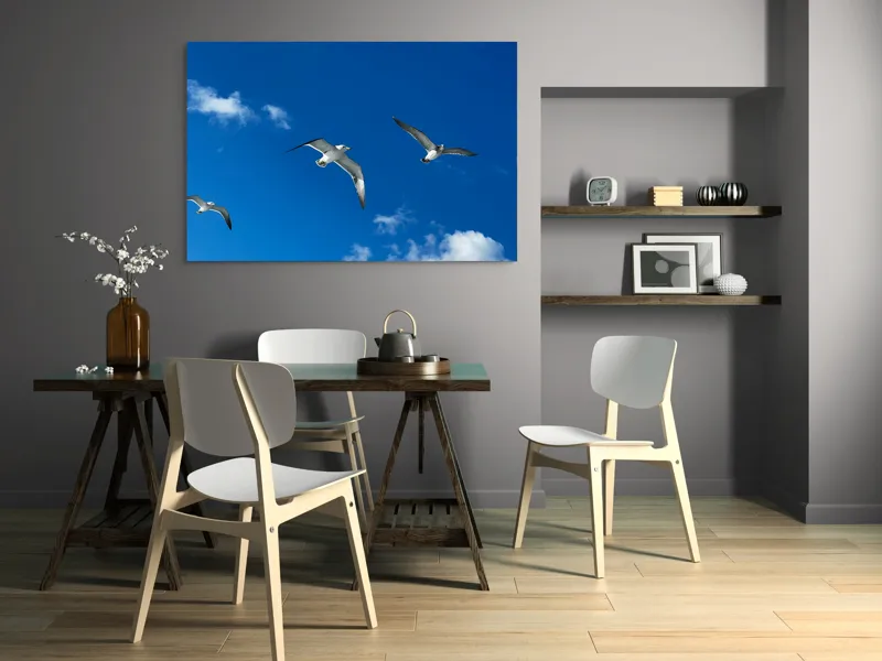 Tablou Canvas, "Zborul pescărușilor sub cerul albastru", Cer, Păsări, Zbor, Nori, Albastru, 150 x 100 cm – poza 5