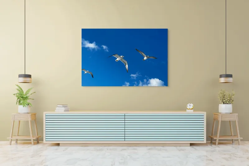 Tablou Canvas, "Zborul pescărușilor sub cerul albastru", Cer, Păsări, Zbor, Nori, Albastru, 150 x 100 cm – poza 6