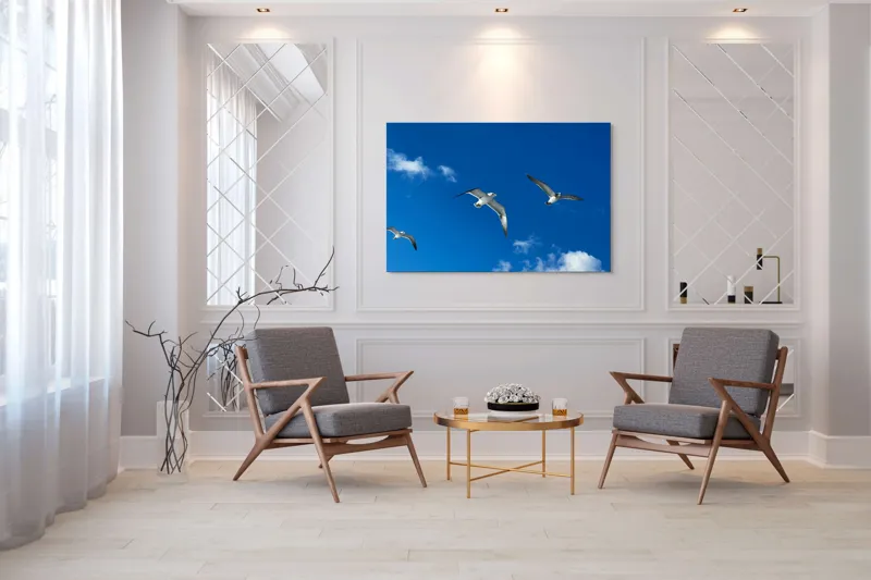 Tablou Canvas, "Zborul pescărușilor sub cerul albastru", Cer, Păsări, Zbor, Nori, Albastru, 150 x 100 cm – poza 7