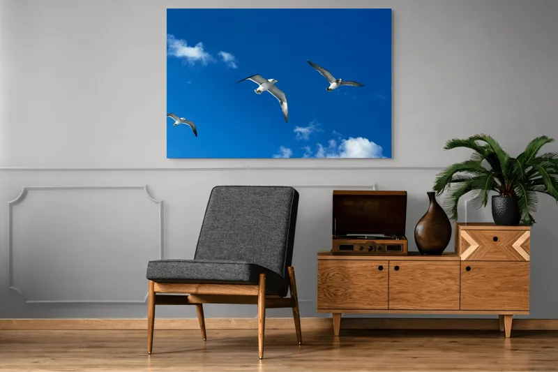 Tablou Canvas, "Zborul pescărușilor sub cerul albastru", Cer, Păsări, Zbor, Nori, Albastru, 150 x 100 cm – poza 8